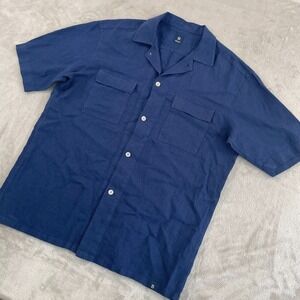 Boggi Milano Overshirt Camp Shirt Men XL Navy 100% Linen Flap Pockets Beach $208